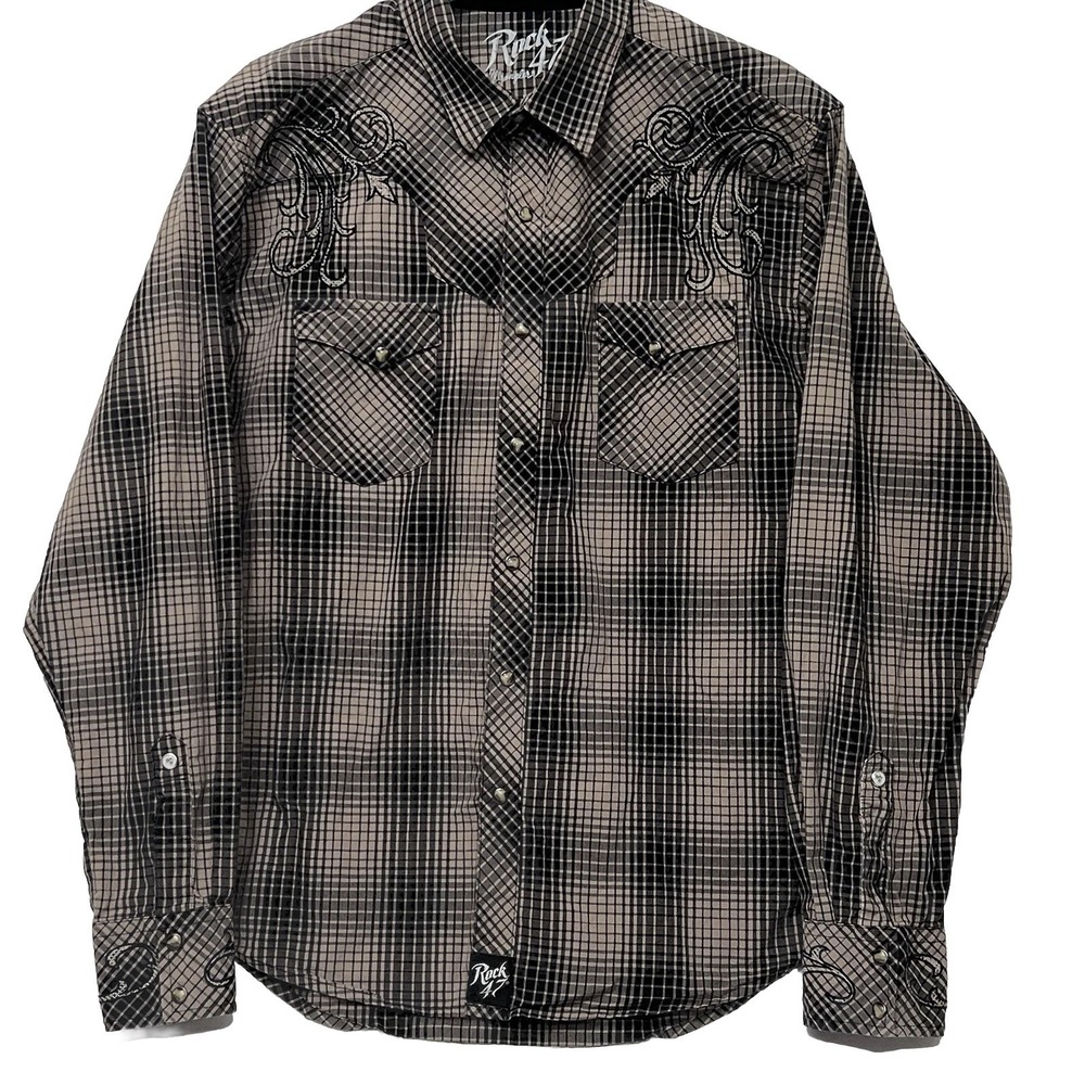 Rock 47 Wrangler Western Long Sleeve Pearl Snap Shirt Embroidered Design Men‎ XL